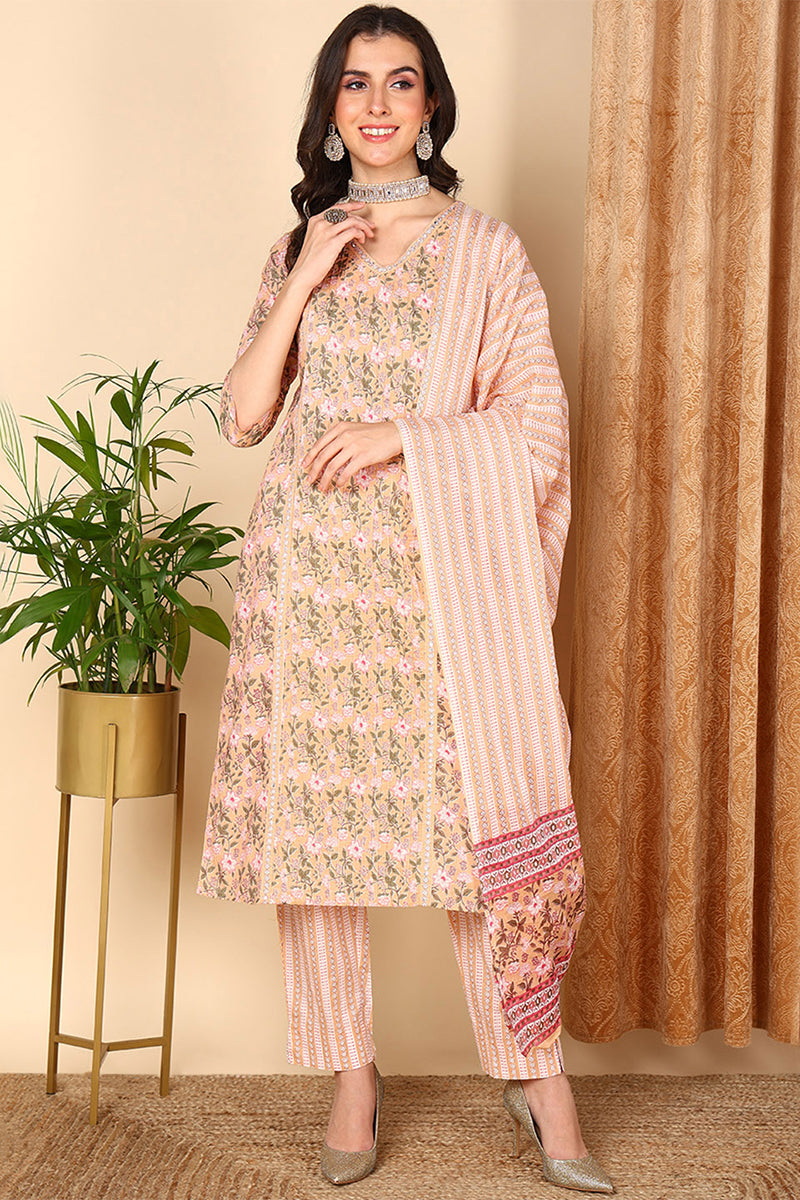 Women's Peach Cotton Floral Printed Kurta Pant With Dupatta