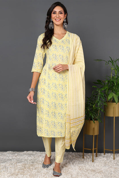 Women's Yellow Cotton Floral Printed Kurta Pant With Dupatta