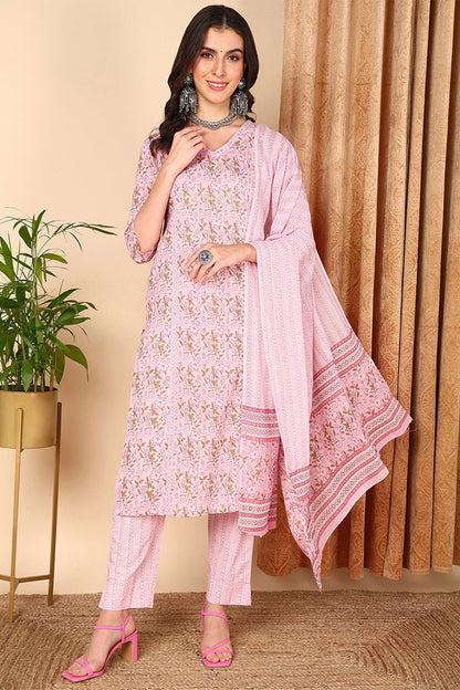 Women's Pink Cotton Floral Printed Kurta Pant With Dupatta