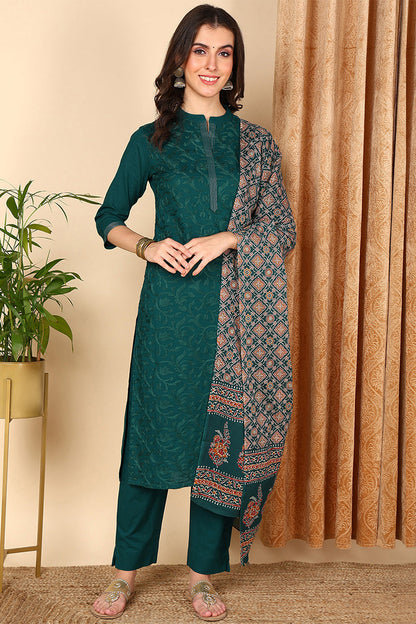 Women's Teal Cotton Solid Embroidered Kurta Pant With Dupatta