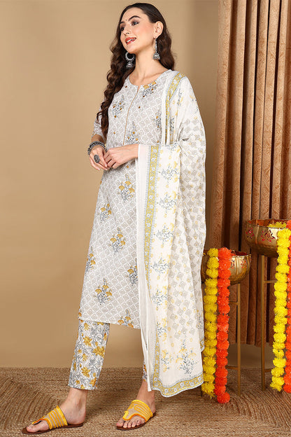 Women's Off White Cotton Ethnic Printed Straight Kurta Pant With Dupatta