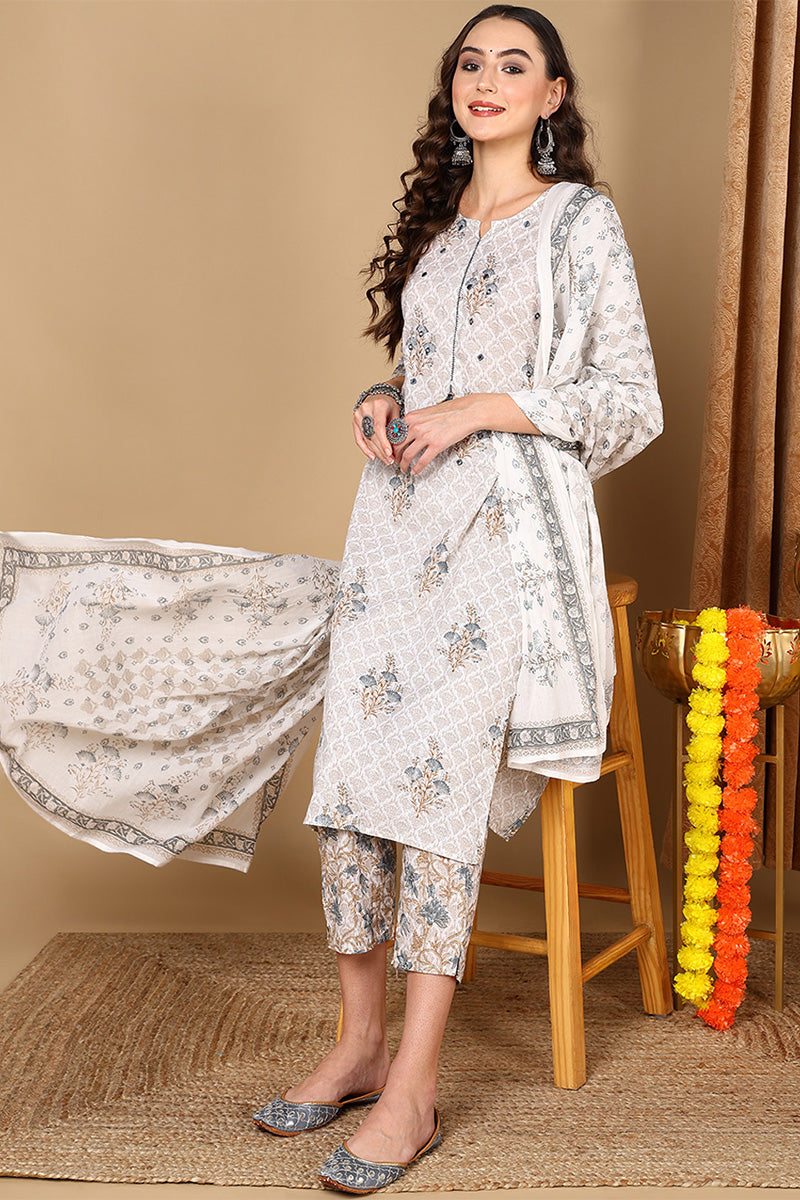 Women's Off White Cotton Ethnic Motifs Printed Kurta Pant With Dupatta