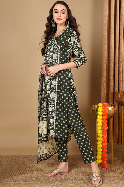 Women's Green Cotton Floral Printed Angrakha Kurta Pant With Dupatta