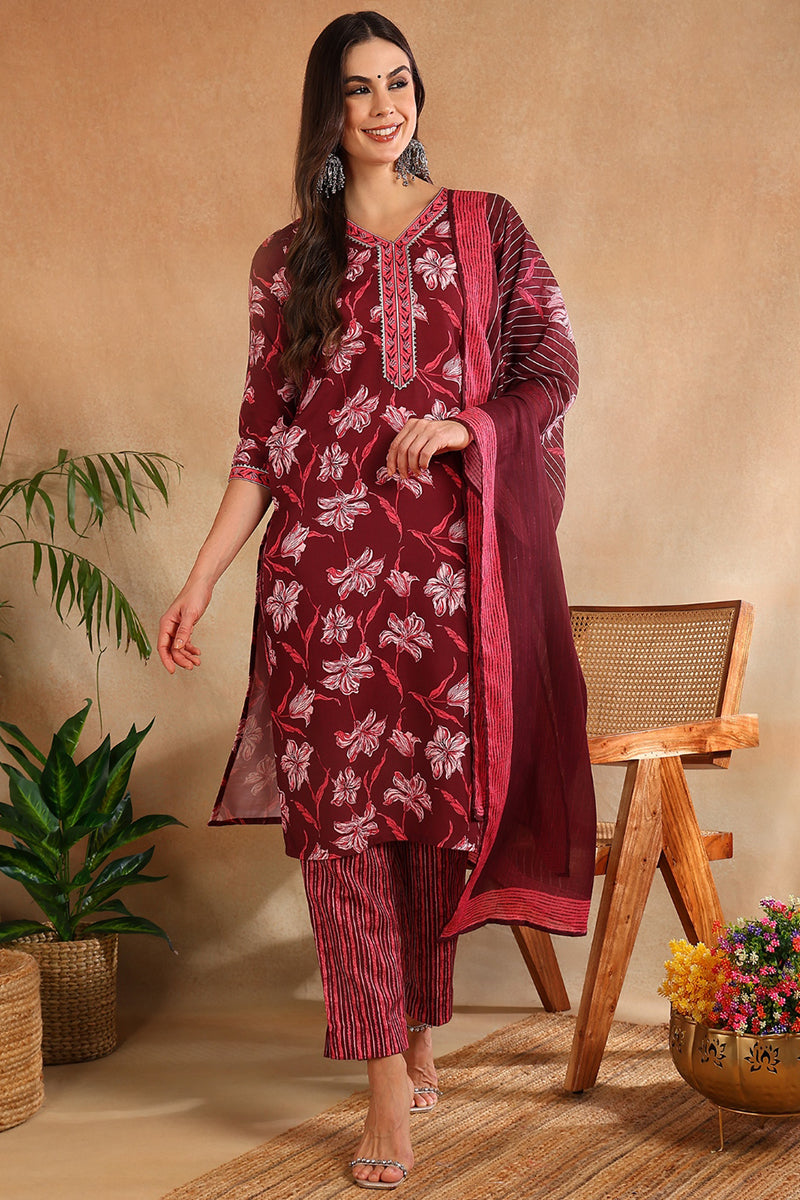 Women's Maroon Rayon Blend Floral Printed Straight Kurta Trouser With Dupatta