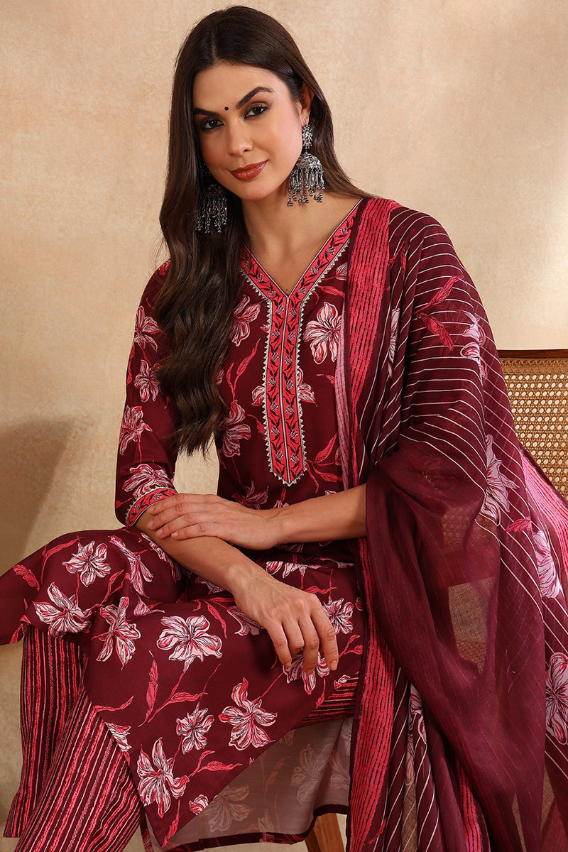 Women's Maroon Rayon Blend Floral Printed Straight Kurta Trouser With Dupatta