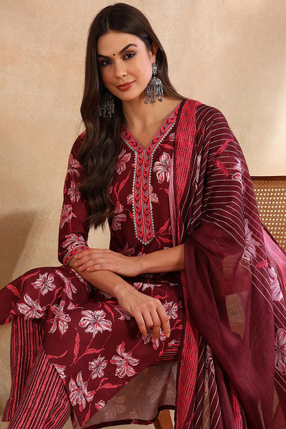 Women's Maroon Rayon Blend Floral Printed Straight Kurta Trouser With Dupatta
