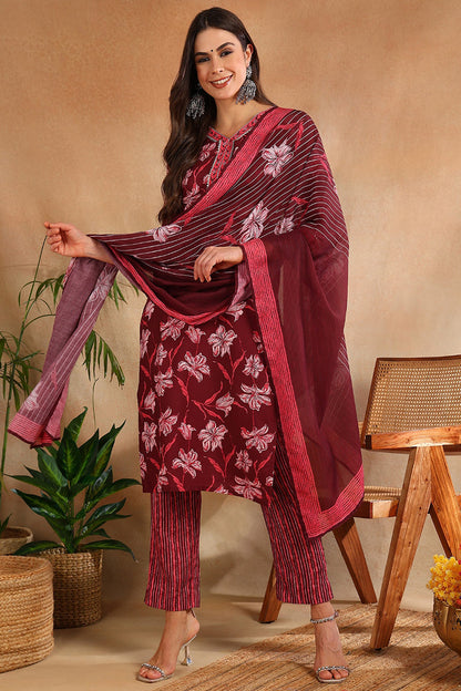 Women's Maroon Rayon Blend Floral Printed Straight Kurta Trouser With Dupatta