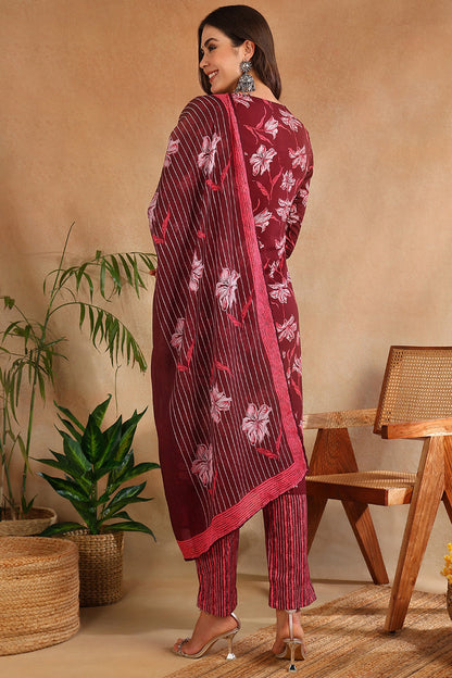 Women's Maroon Rayon Blend Floral Printed Straight Kurta Trouser With Dupatta