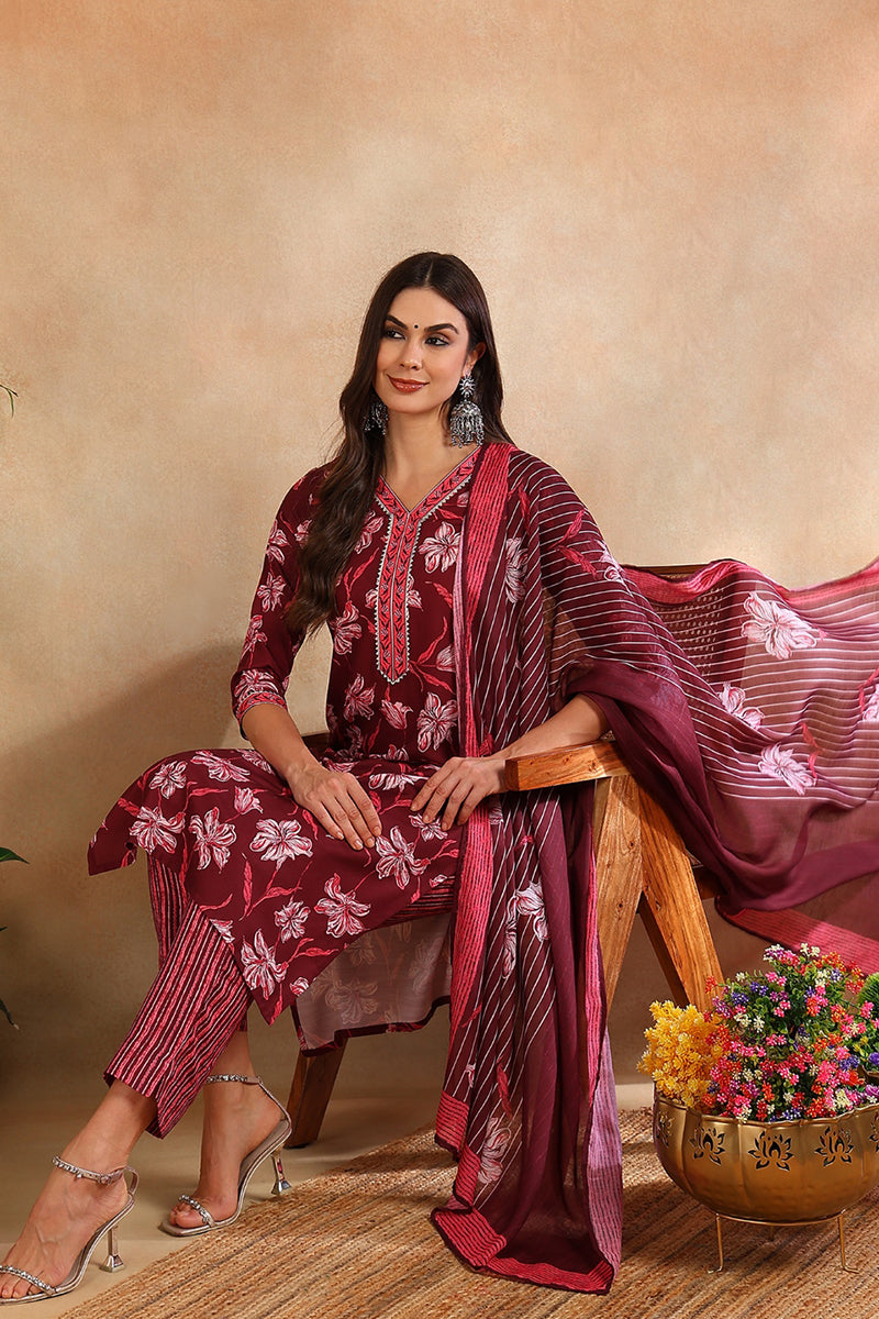 Women's Maroon Rayon Blend Floral Printed Straight Kurta Trouser With Dupatta