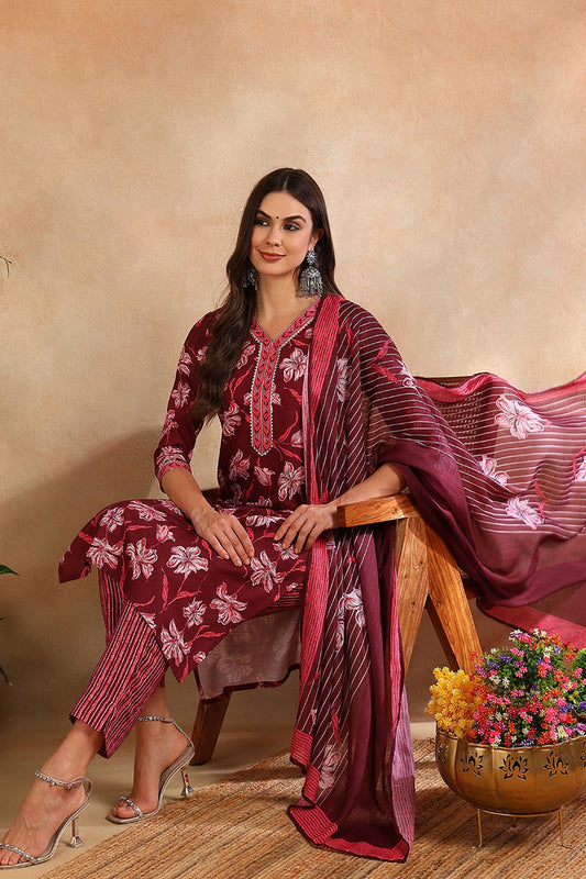 Women's Maroon Rayon Blend Floral Printed Straight Kurta Trouser With Dupatta