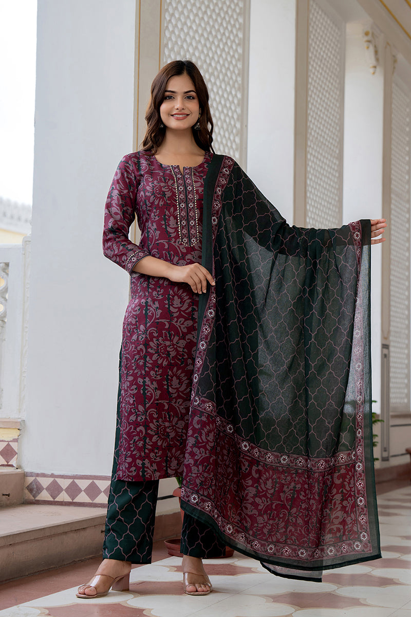 Women's Magenta Rayon Blend Ethnic Motifs Printed Straight Kurta Trouser With Dupatta