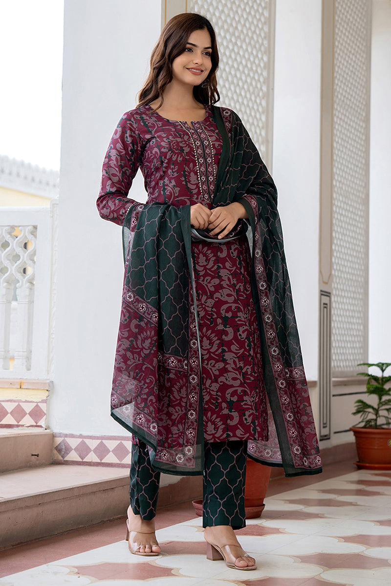 Women's Magenta Rayon Blend Ethnic Motifs Printed Straight Kurta Trouser With Dupatta
