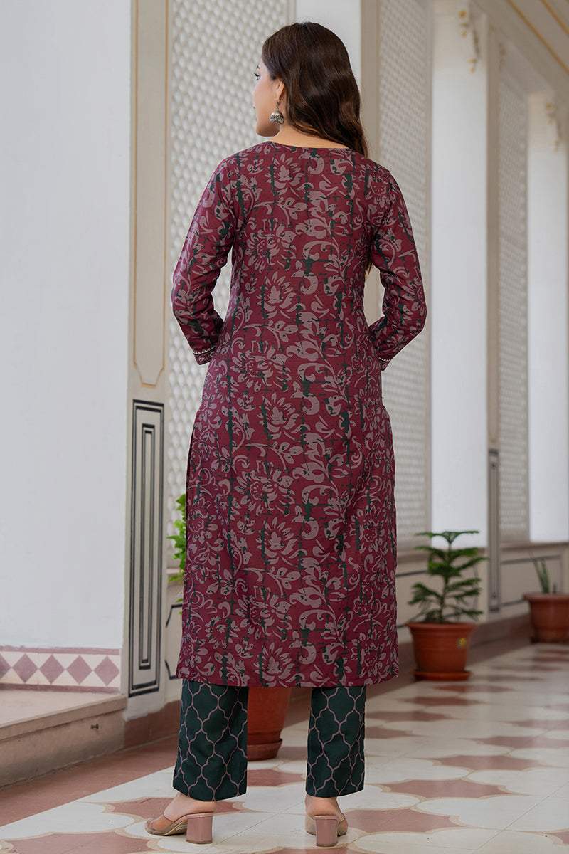 Women's Magenta Rayon Blend Ethnic Motifs Printed Straight Kurta Trouser With Dupatta