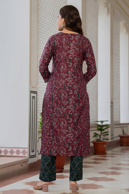 Women's Magenta Rayon Blend Ethnic Motifs Printed Straight Kurta Trouser With Dupatta