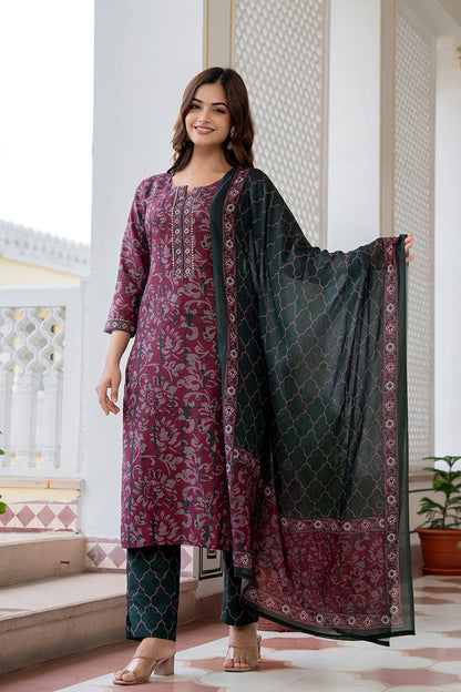 Women's Magenta Rayon Blend Ethnic Motifs Printed Straight Kurta Trouser With Dupatta