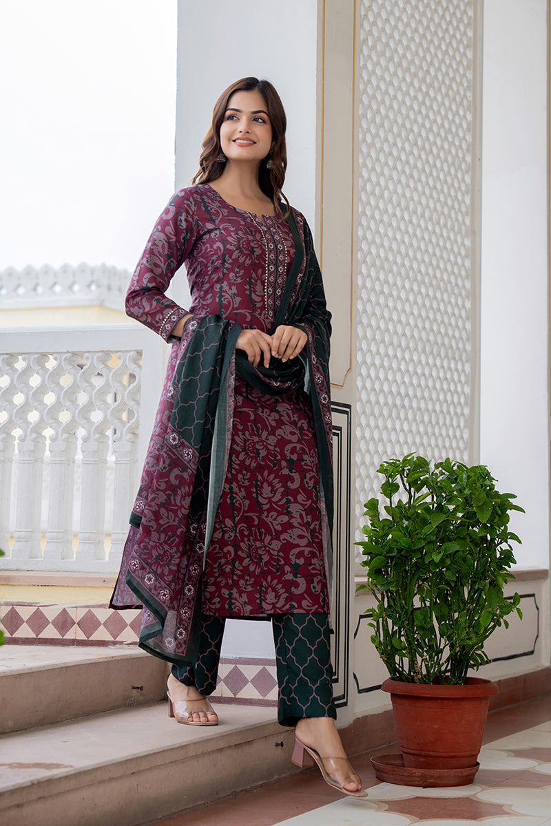 Women's Magenta Rayon Blend Ethnic Motifs Printed Straight Kurta Trouser With Dupatta