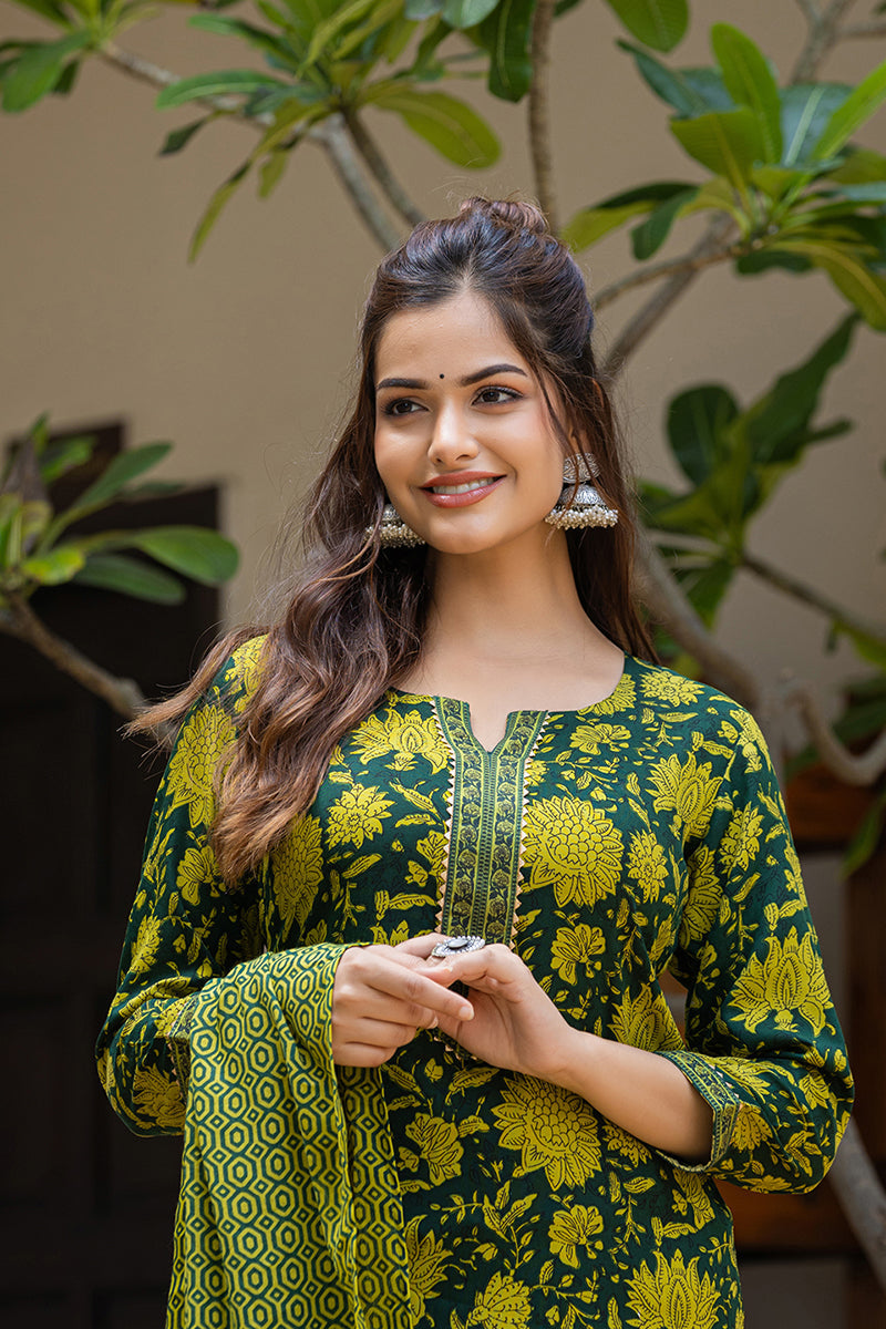 Women's Green Rayon Blend Floral Printed Straight Kurta Trouser With Dupatta