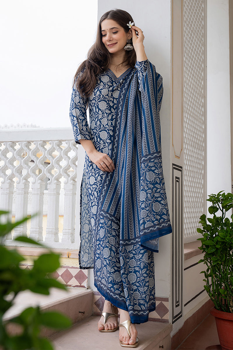 Women's Navy Blue Rayon Blend Floral Printed Straight Kurta Trouser With Dupatta