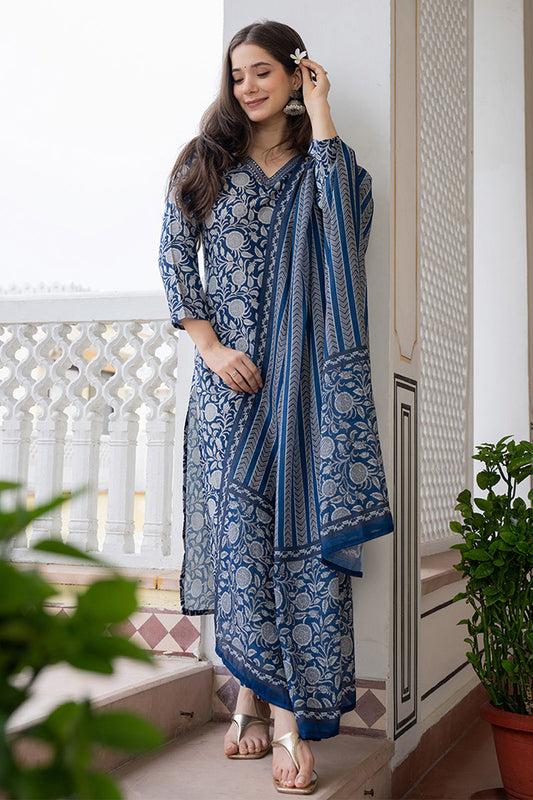 Women's Navy Blue Rayon Blend Floral Printed Straight Kurta Trouser With Dupatta