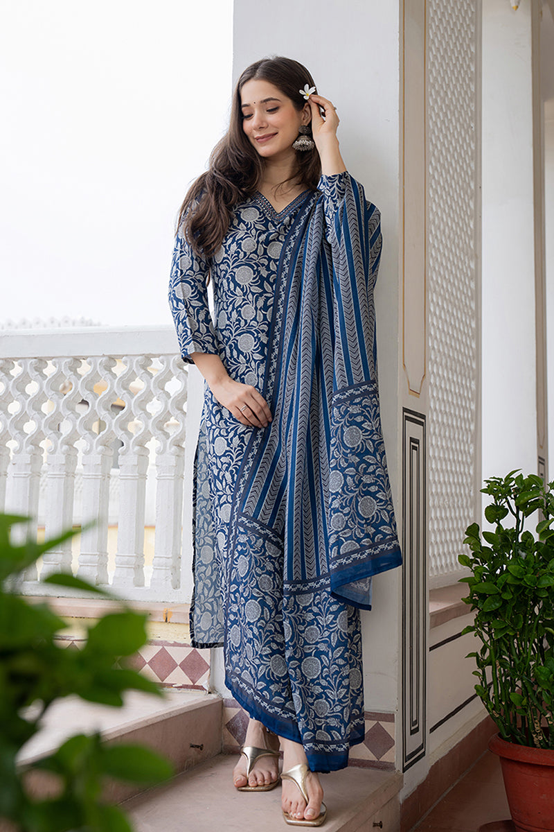 Women's Navy Blue Rayon Blend Floral Printed Straight Kurta Trouser With Dupatta
