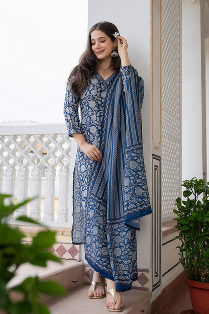 Women's Navy Blue Rayon Blend Floral Printed Straight Kurta Trouser With Dupatta