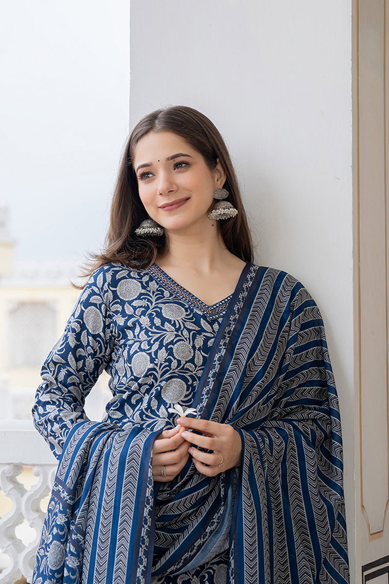 Women's Navy Blue Rayon Blend Floral Printed Straight Kurta Trouser With Dupatta