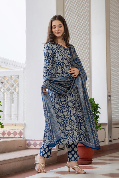 Women's Navy Blue Rayon Blend Floral Printed Straight Kurta Trouser With Dupatta