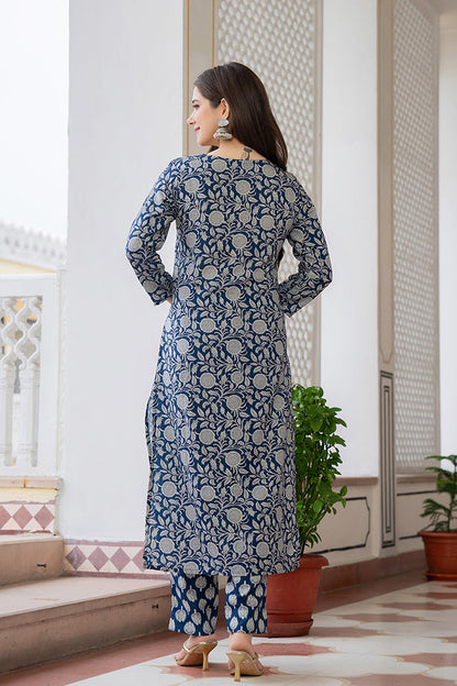 Women's Navy Blue Rayon Blend Floral Printed Straight Kurta Trouser With Dupatta