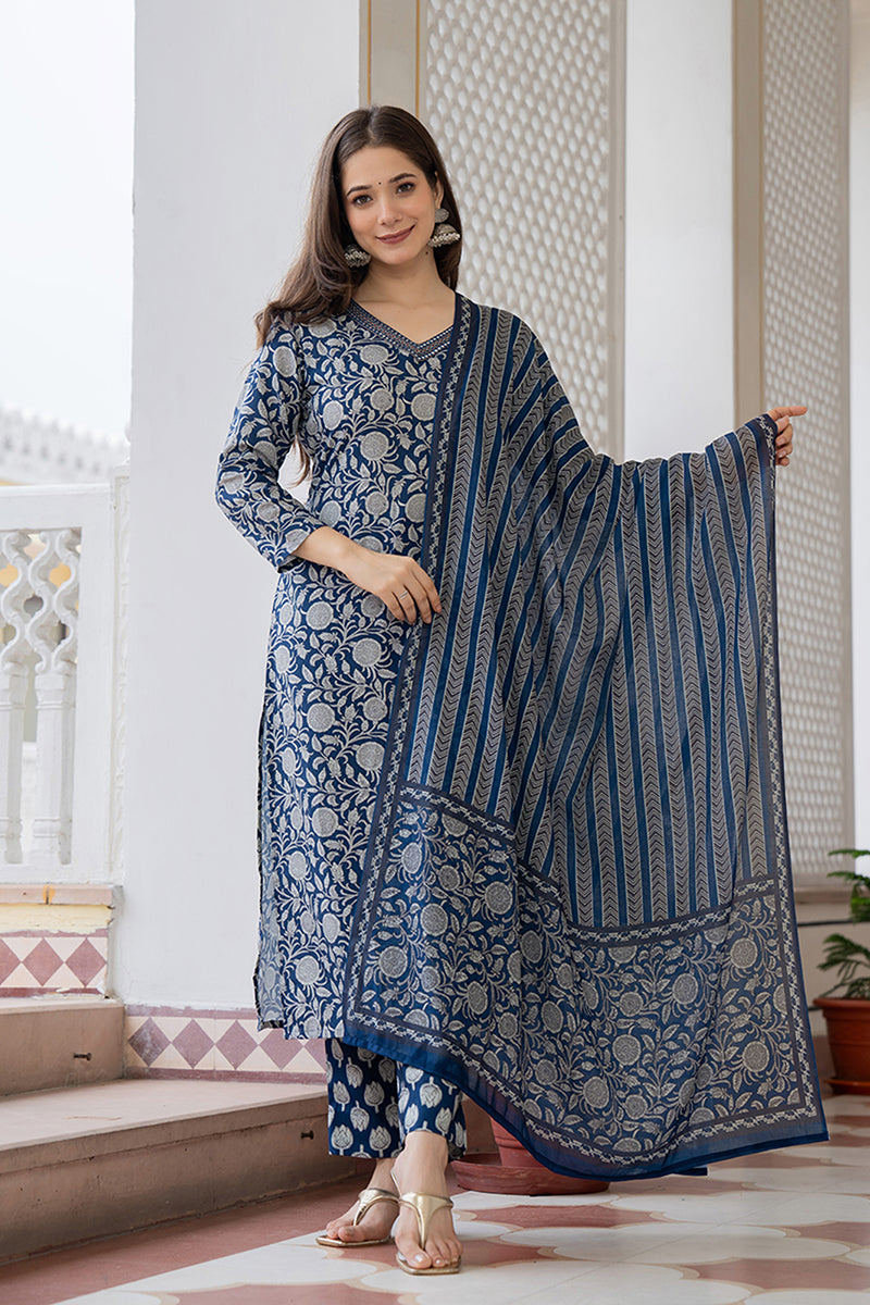 Women's Navy Blue Rayon Blend Floral Printed Straight Kurta Trouser With Dupatta
