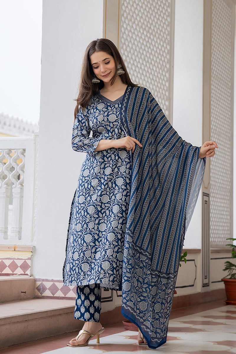 Women's Navy Blue Rayon Blend Floral Printed Straight Kurta Trouser With Dupatta