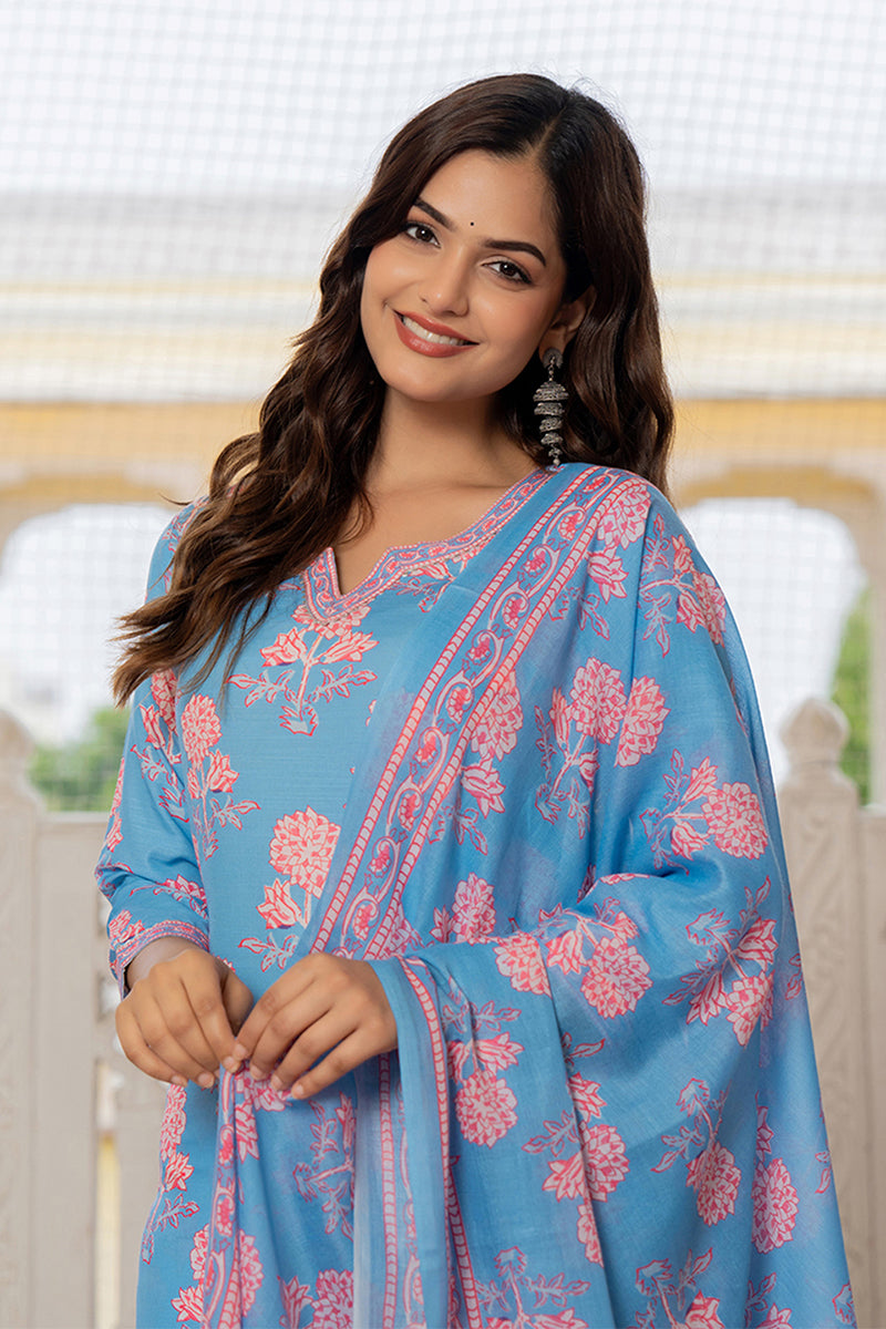 Women's Blue Rayon Blend Floral Printed Straight Kurta Trouser With Dupatta