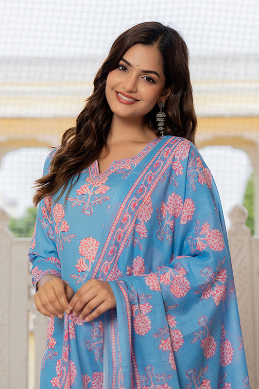 Women's Blue Rayon Blend Floral Printed Straight Kurta Trouser With Dupatta