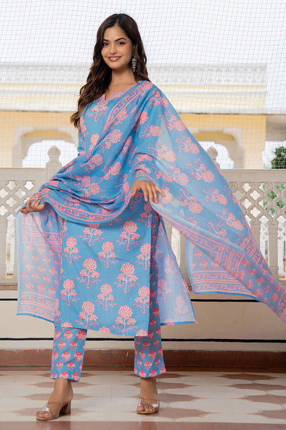 Women's Blue Rayon Blend Floral Printed Straight Kurta Trouser With Dupatta