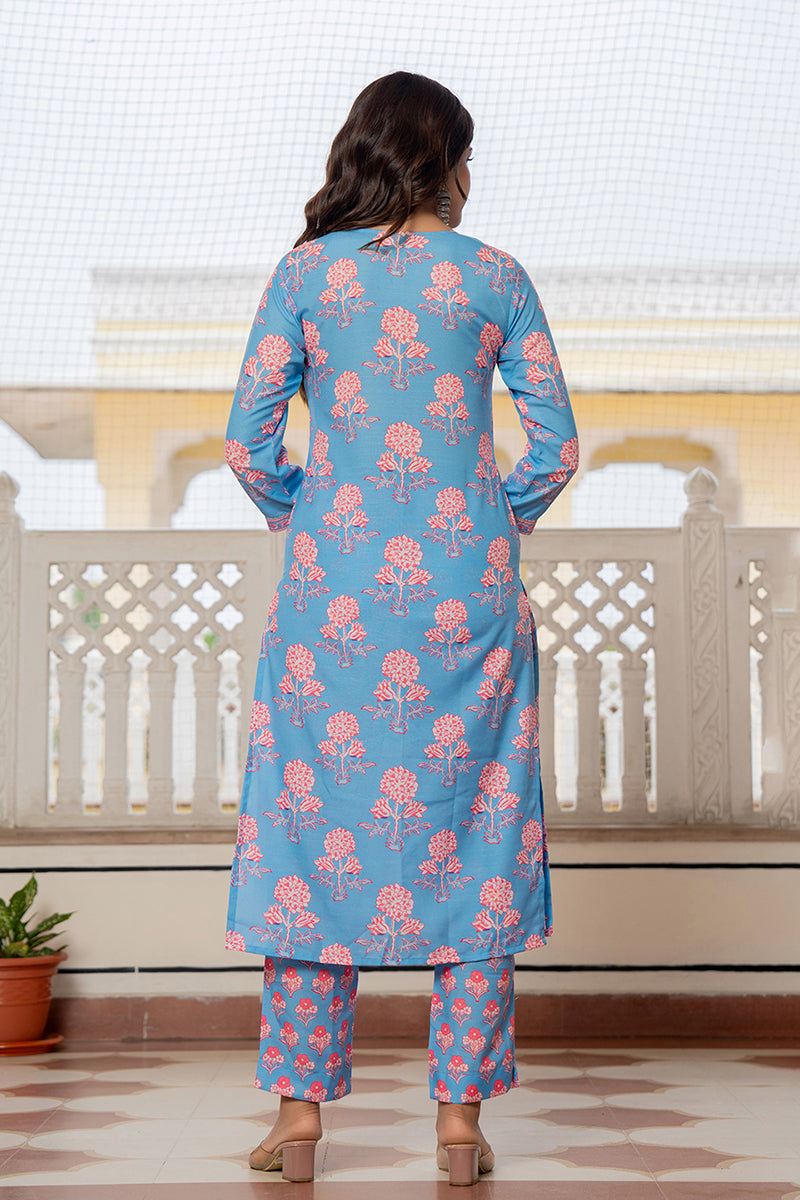 Women's Blue Rayon Blend Floral Printed Straight Kurta Trouser With Dupatta