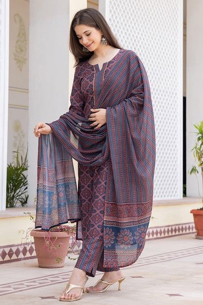 Women's Maroon Rayon Blend Ajrakh Printed Straight Kurta Trouser With Dupatta