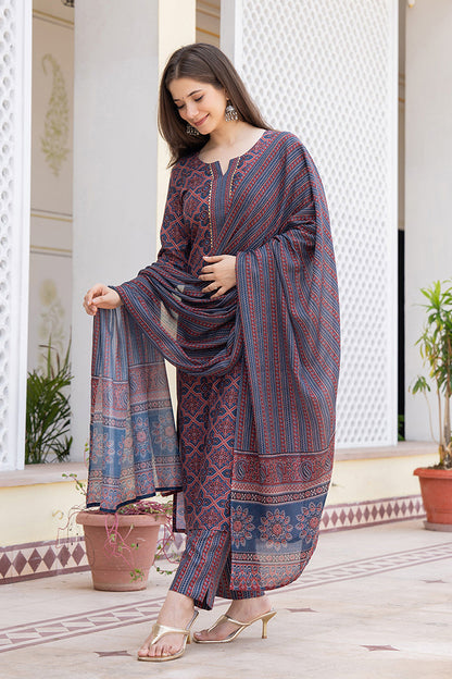 Women's Maroon Rayon Blend Ajrakh Printed Straight Kurta Trouser With Dupatta