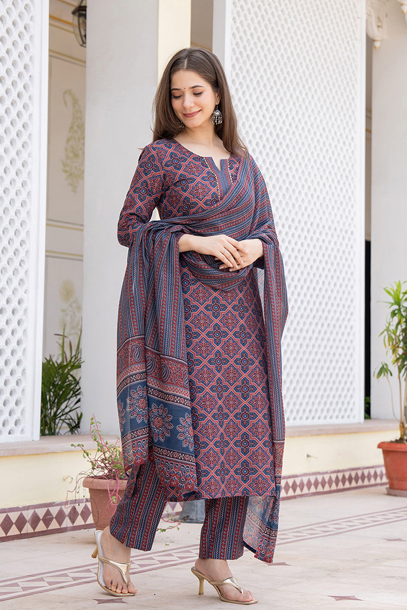 Women's Maroon Rayon Blend Ajrakh Printed Straight Kurta Trouser With Dupatta