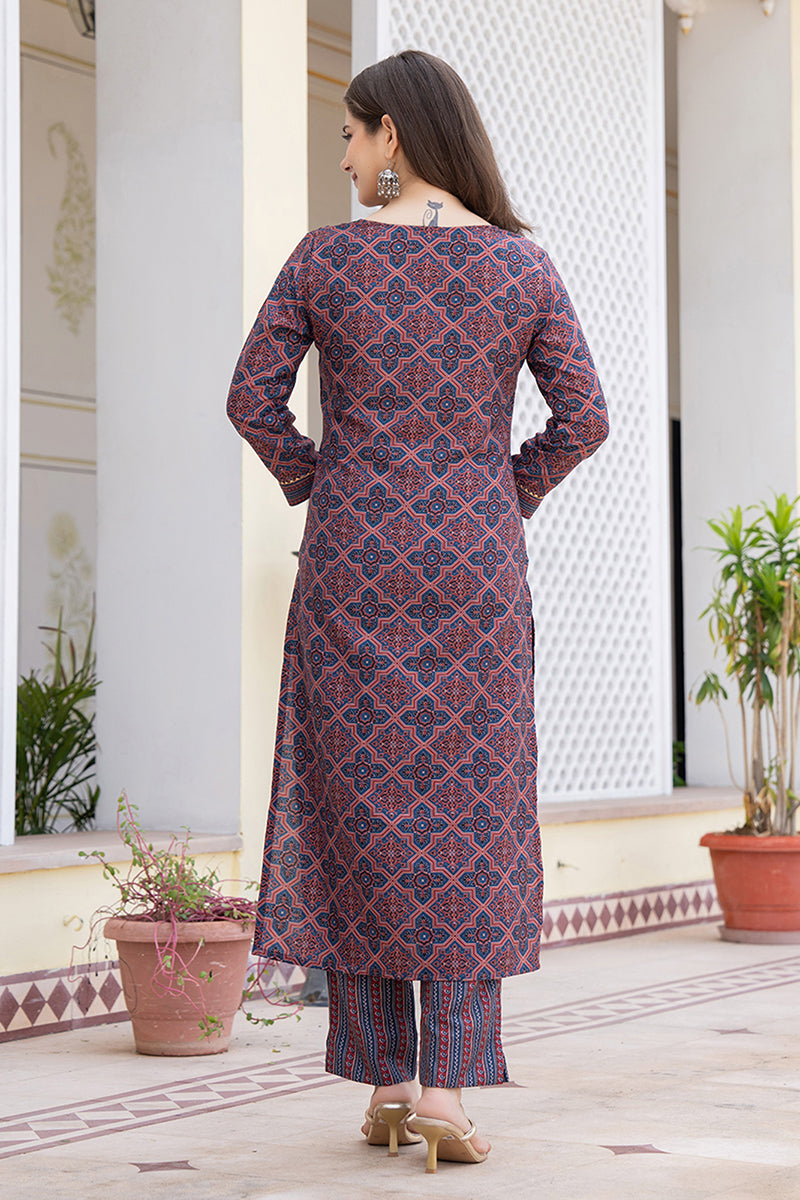 Women's Maroon Rayon Blend Ajrakh Printed Straight Kurta Trouser With Dupatta