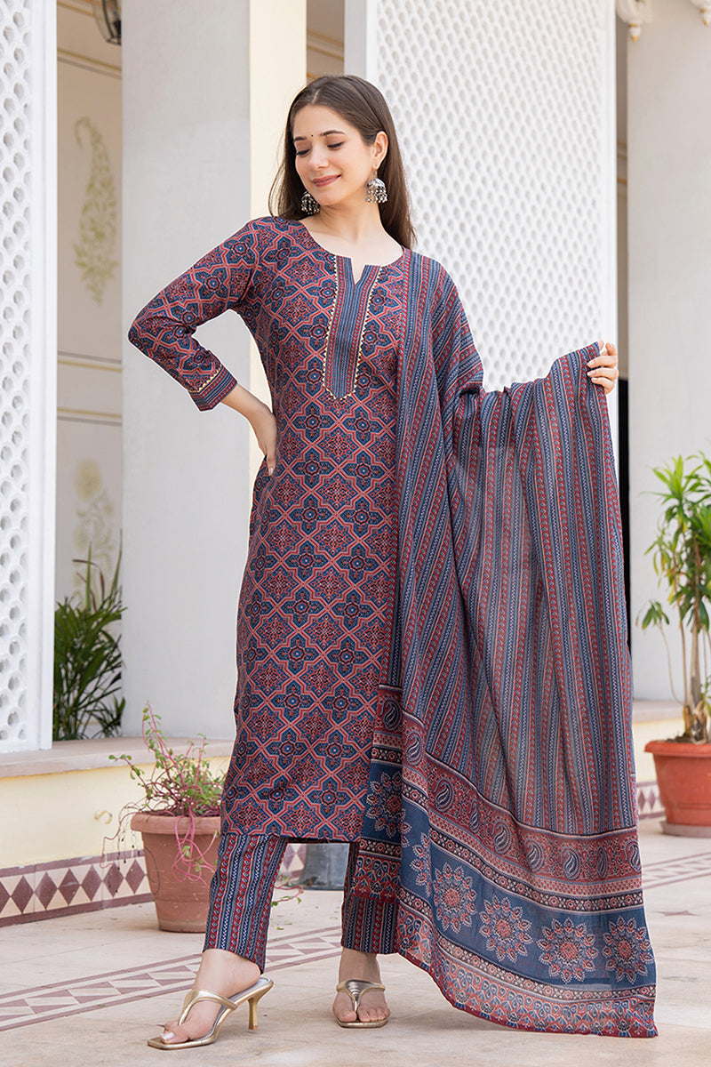 Women's Maroon Rayon Blend Ajrakh Printed Straight Kurta Trouser With Dupatta