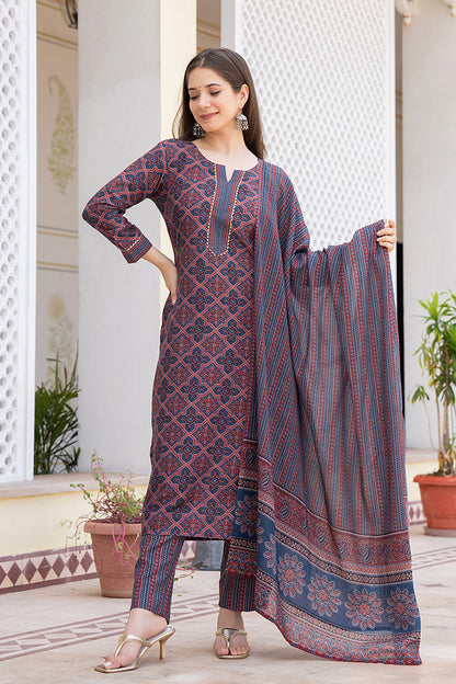 Women's Maroon Rayon Blend Ajrakh Printed Straight Kurta Trouser With Dupatta