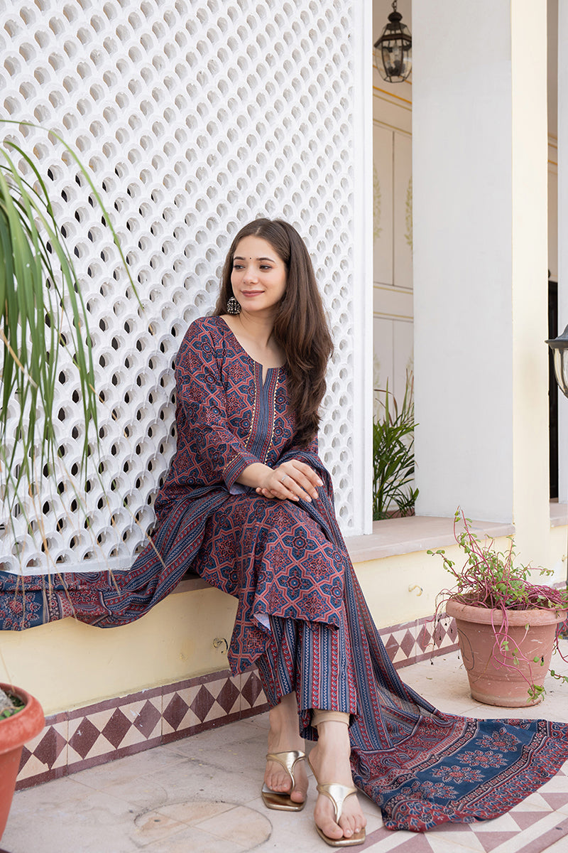 Women's Maroon Rayon Blend Ajrakh Printed Straight Kurta Trouser With Dupatta