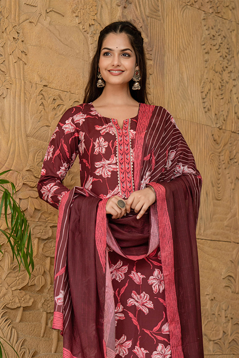 Women's Maroon Rayon Blend Floral Printed Straight Kurta Trouser With Dupatta