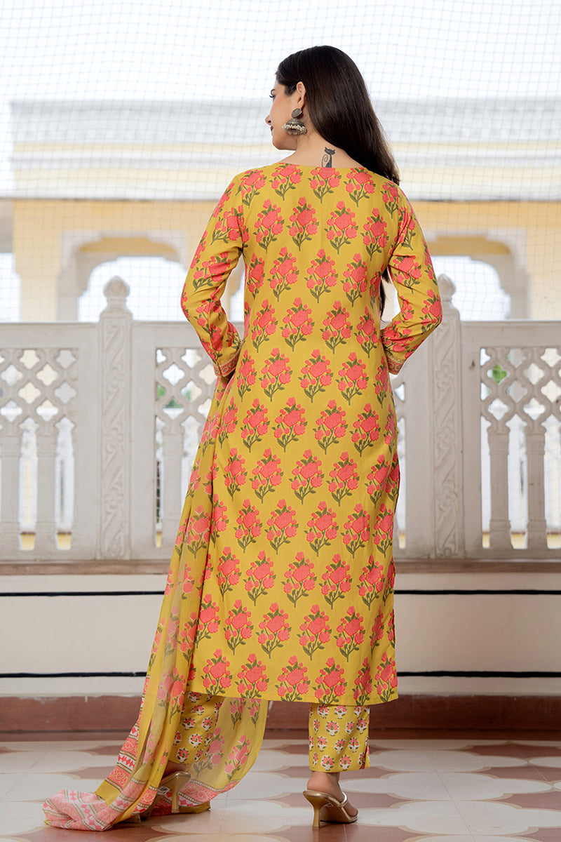 Women's Green Rayon Blend Floral Printed Straight Kurta Trouser With Dupatta
