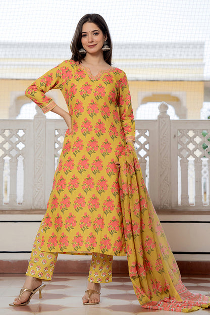 Women's Green Rayon Blend Floral Printed Straight Kurta Trouser With Dupatta