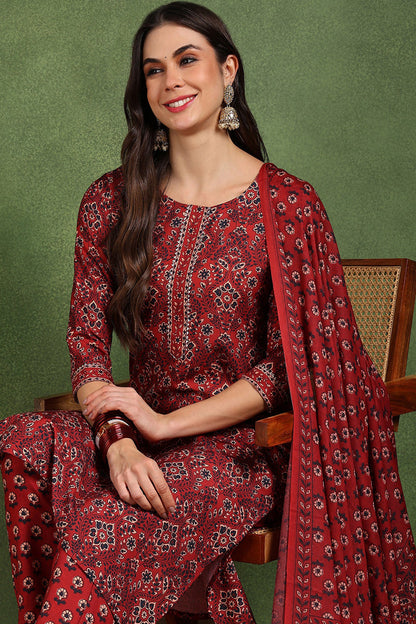 Women's Red Cotton Blend Floral Printed Straight Kurta Trouser With Dupatta