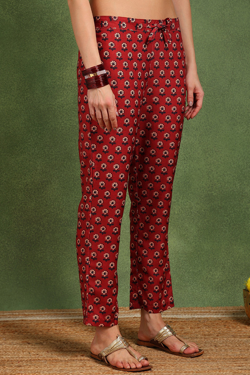 Women's Red Cotton Blend Floral Printed Straight Kurta Trouser With Dupatta