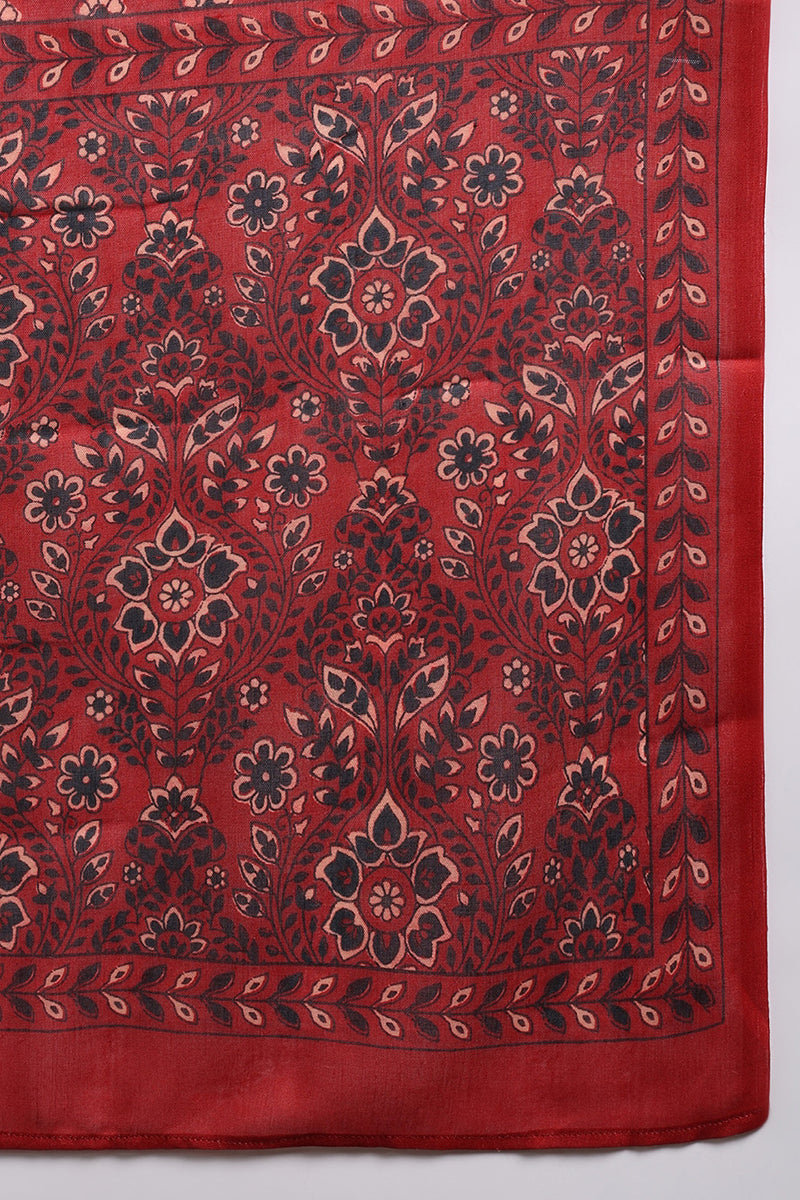 Women's Red Cotton Blend Floral Printed Straight Kurta Trouser With Dupatta
