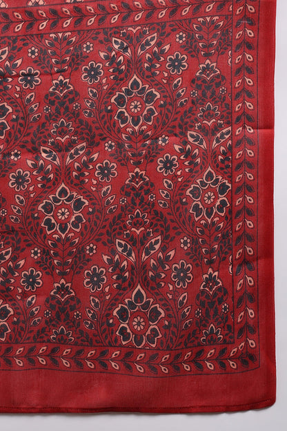 Women's Red Cotton Blend Floral Printed Straight Kurta Trouser With Dupatta