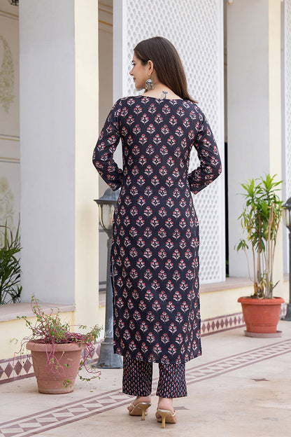 Women's Black Rayon Blend Floral Printed Straight Kurta Trouser With Dupatta