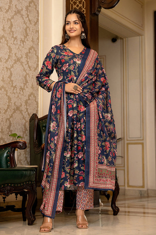 Women's Navy Blue Rayon Blend Floral Printed A-Line Kurta Trouser With Dupatta